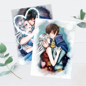 Handgefertigter A5 Artprint mit der farbigen Illustration von Davina und Leander aus Frozen Crowns von Asuka Lionera.