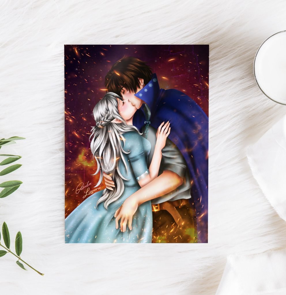 Handgefertigter A5 Artprint mit der Illustration Fire Love von Davina und Leander aus Frozen Crowns von Asuka Lionera.
